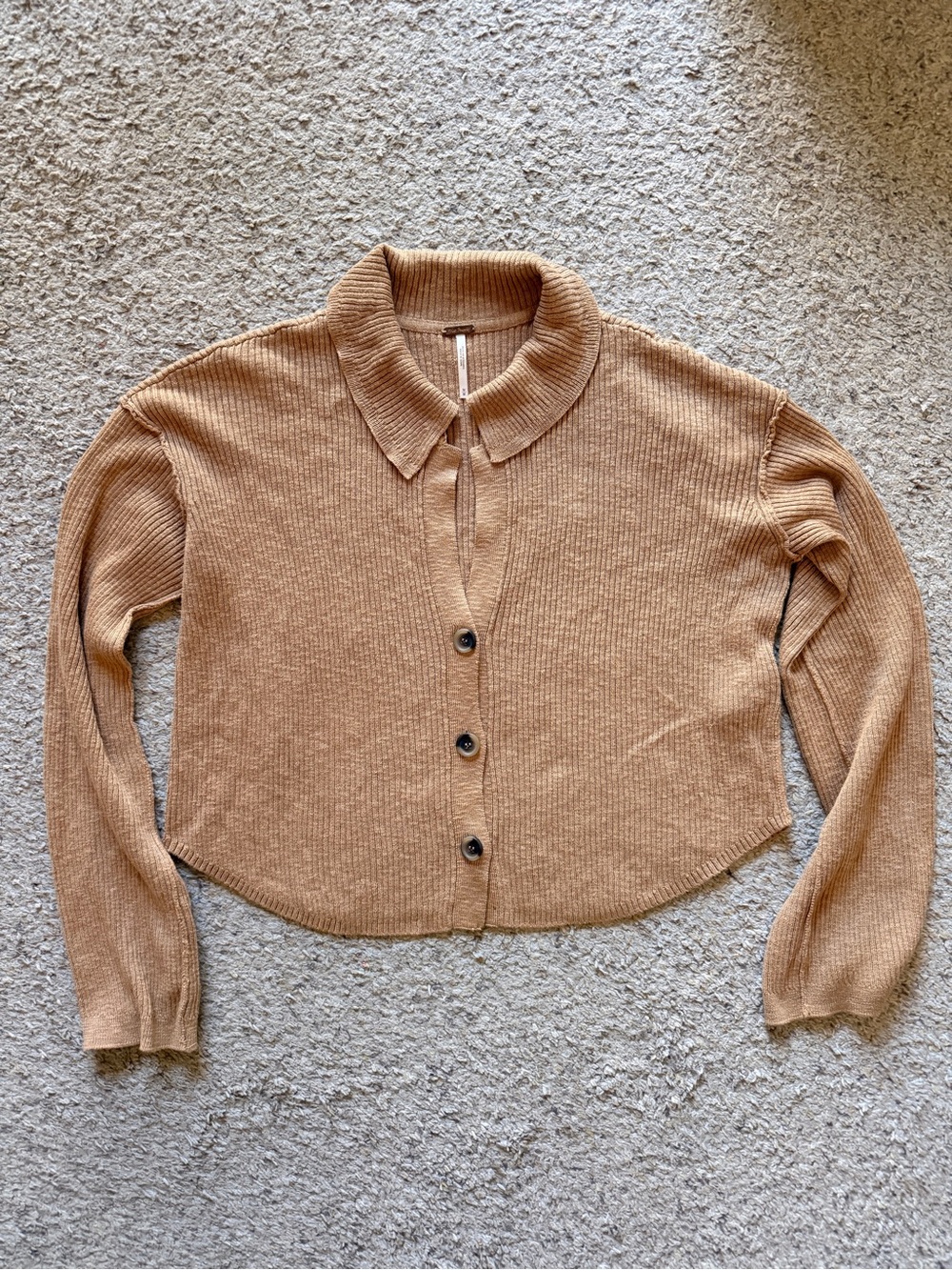 Free People Cropped Ribbed Button-Up Cardigan - Tan